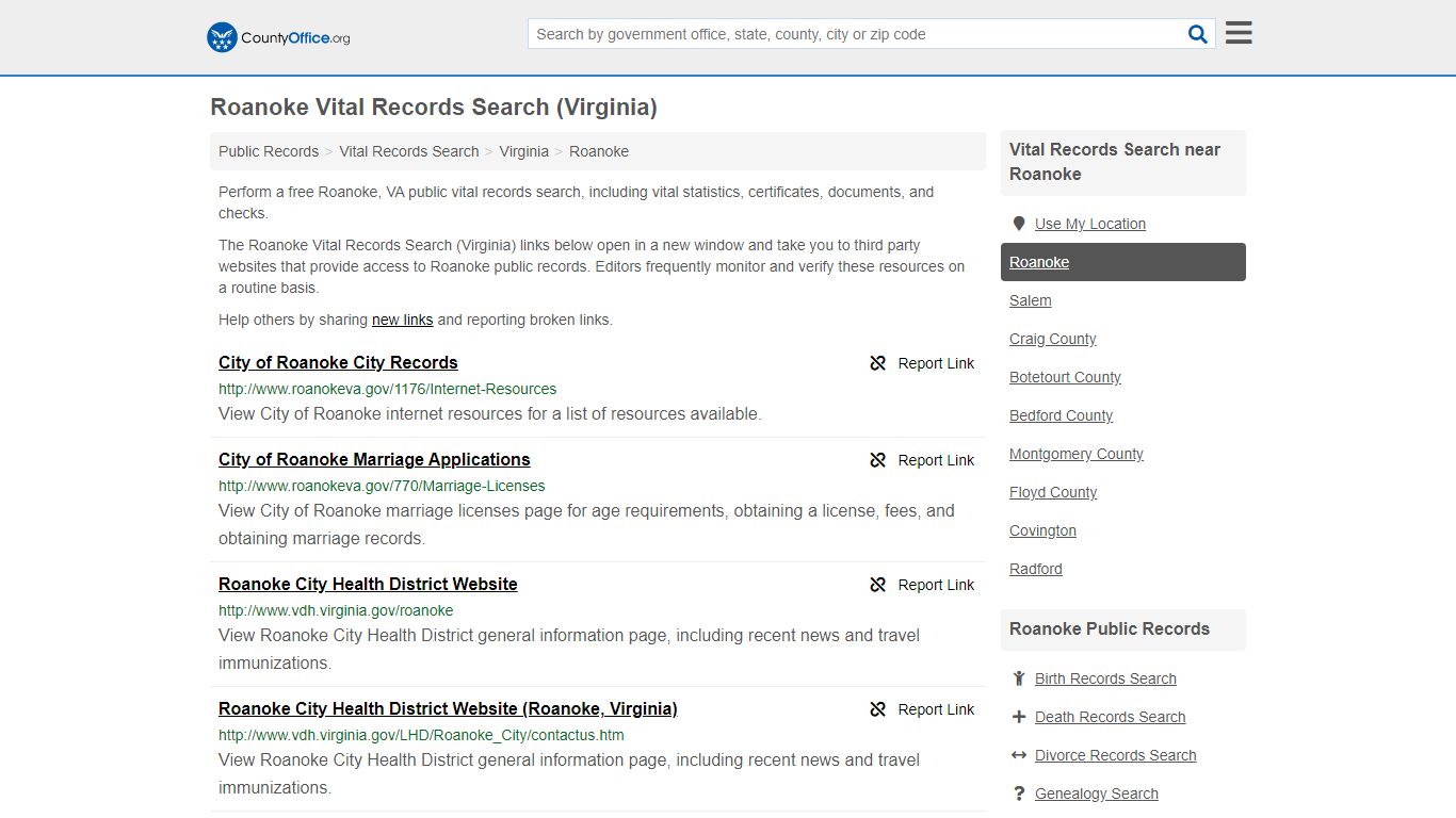 Vital Records Search - Roanoke, VA (Birth, Death, Marriage ...