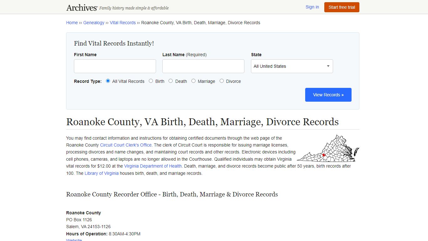 Roanoke County, VA Birth, Death, Marriage, Divorce Records